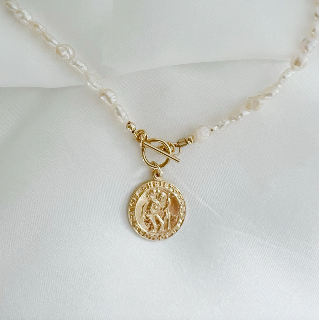 Saint Christopher Pearl Toggle Necklace