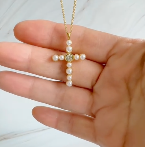 Graceful Radiance Pearl Cross Necklace